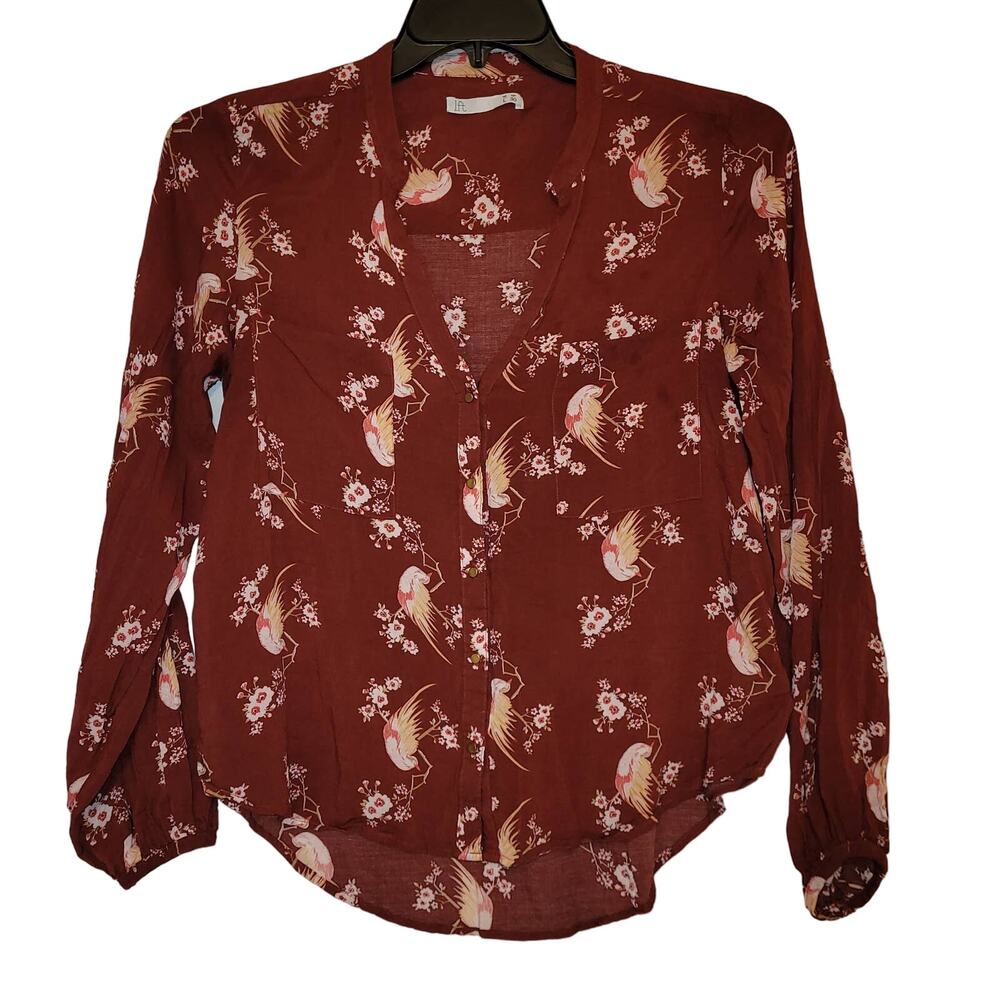 Lefties maroon red floral bird print button up blouse size large Novelty Retro
